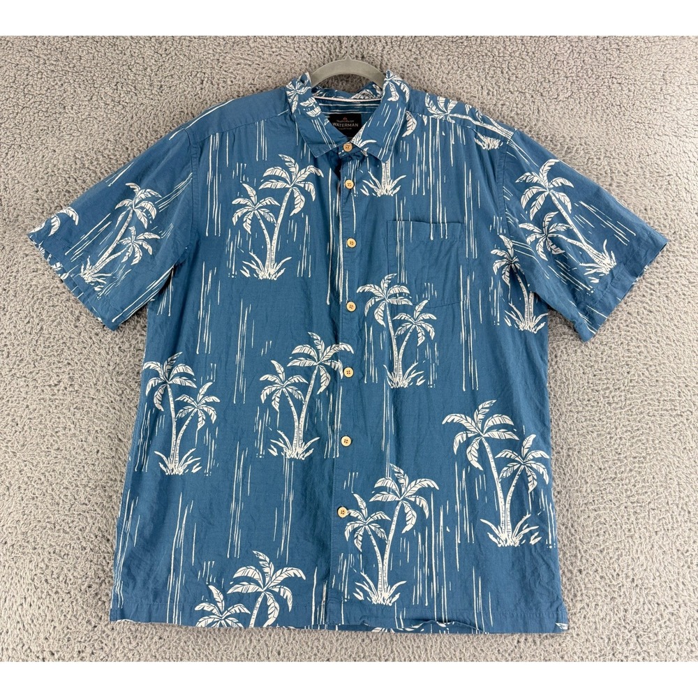 Quiksilver Waterman Shirt Mens XL Blue Palm Tree Tropical Comfort Fit Cotton